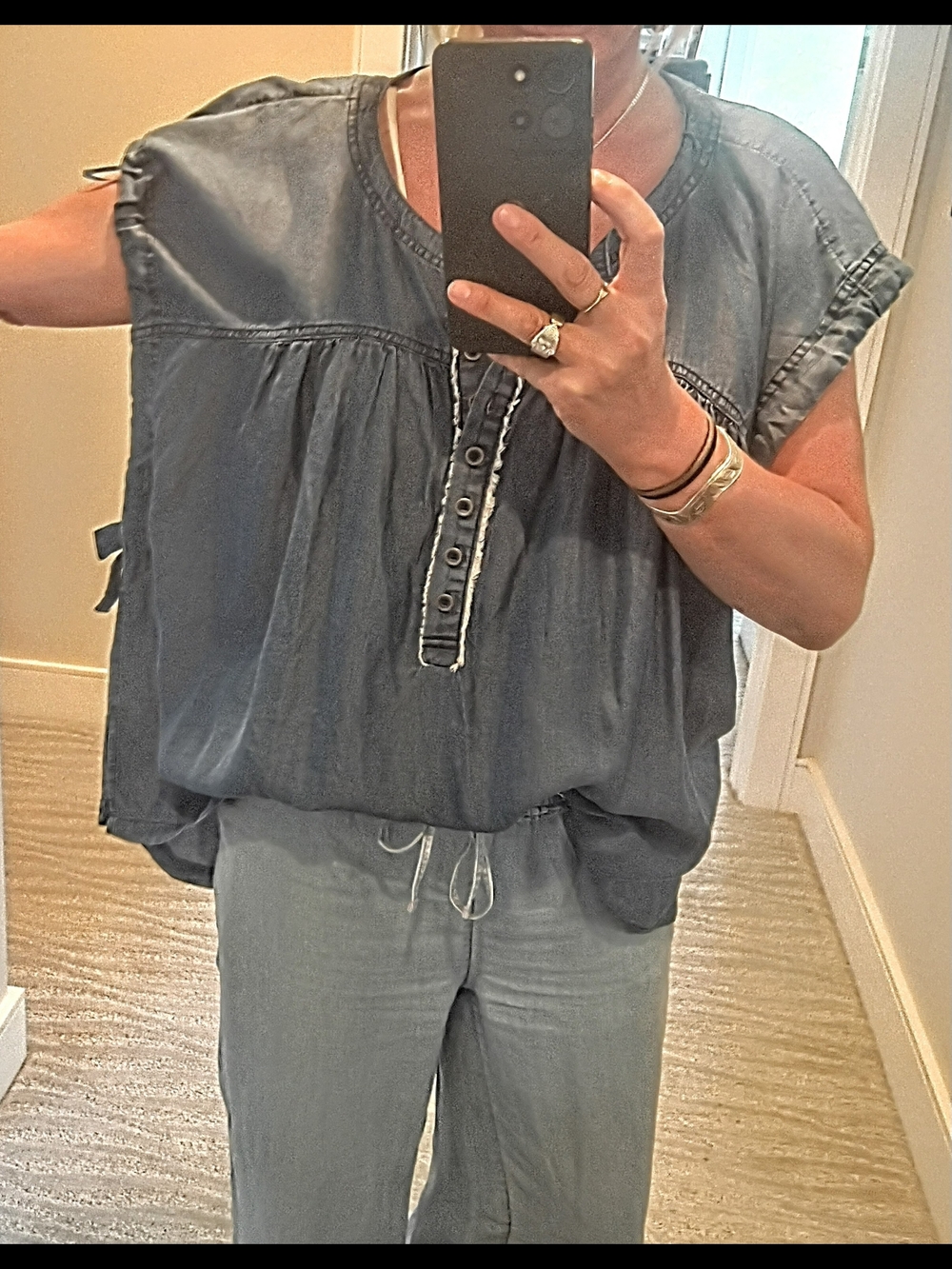 Free People Washed Indigo Button-Front Peasant Tunic